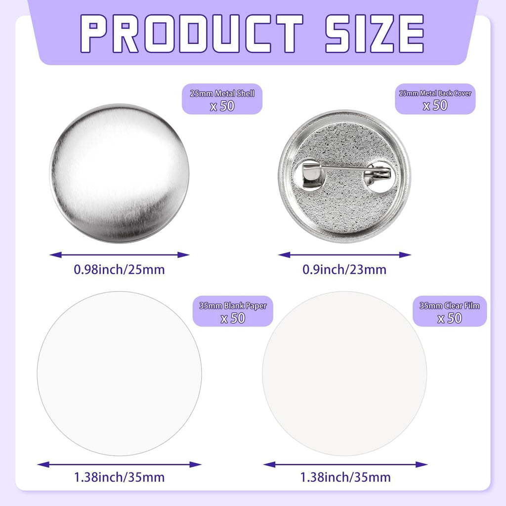 50 Sets 1 Inch Button Maker Supplies, 201 Pcs Tin Pin Blanks Kit