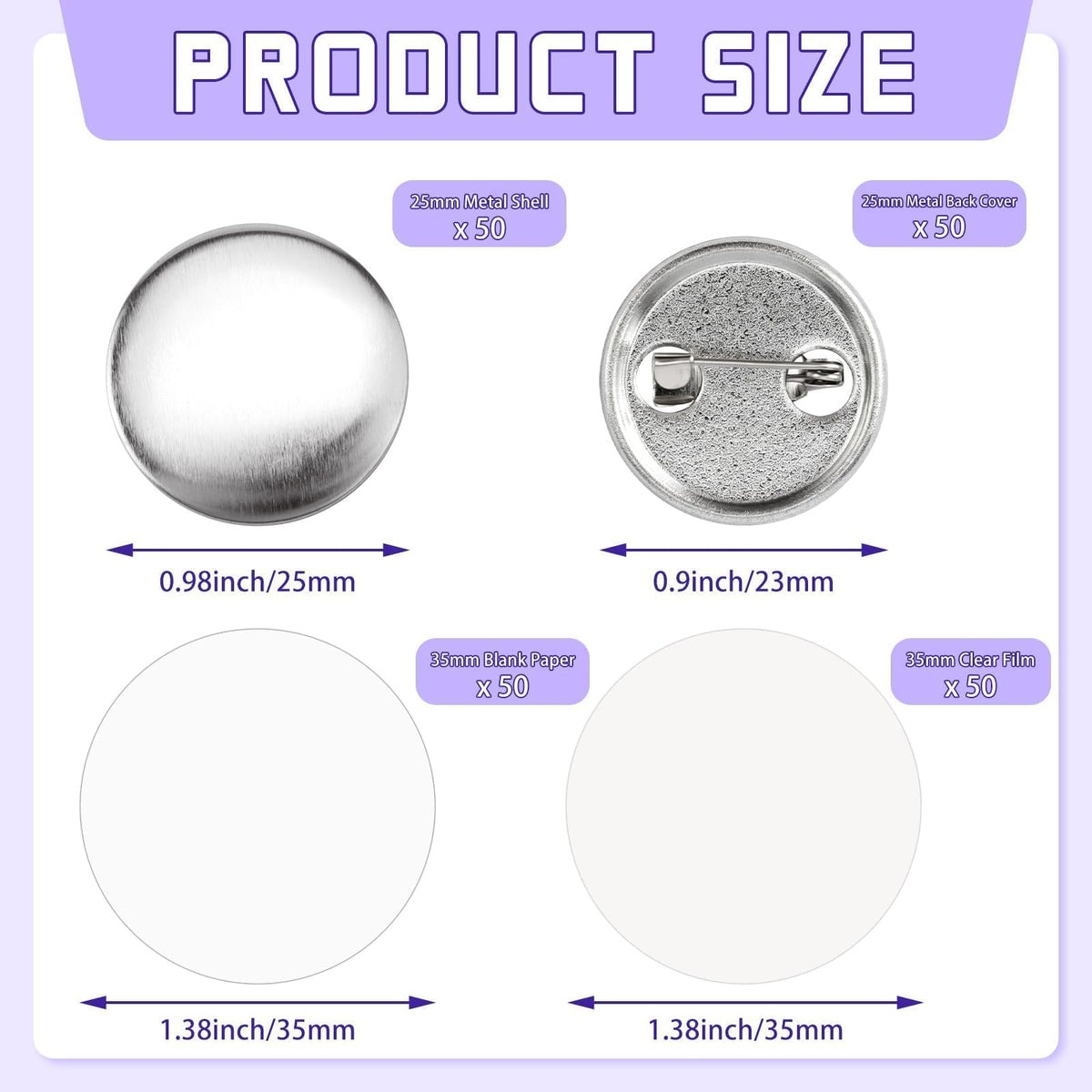 50 Sets 1 Inch Button Maker Supplies, 201 Pcs Tin Pin Blanks Kit