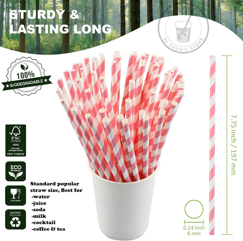 7.75" Pink and White Striped Paper Drinking Straws Bulk 1000 Ct
