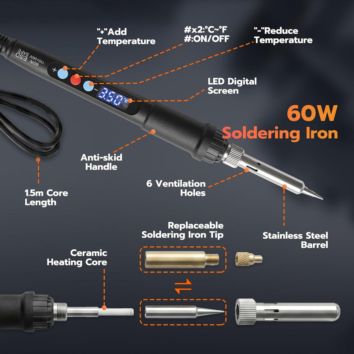 Heat Set Insert Tools kit with 60W Soldering Iron & 380 Pcs Threaded Insert