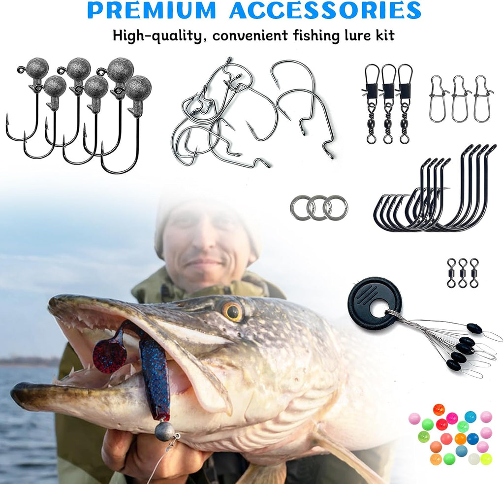 Fishing Accessories Kit Organized Fishing Tackle Box | Included Hooks, Sinkers Weights, Rubber Bobber, Jigs, Beads