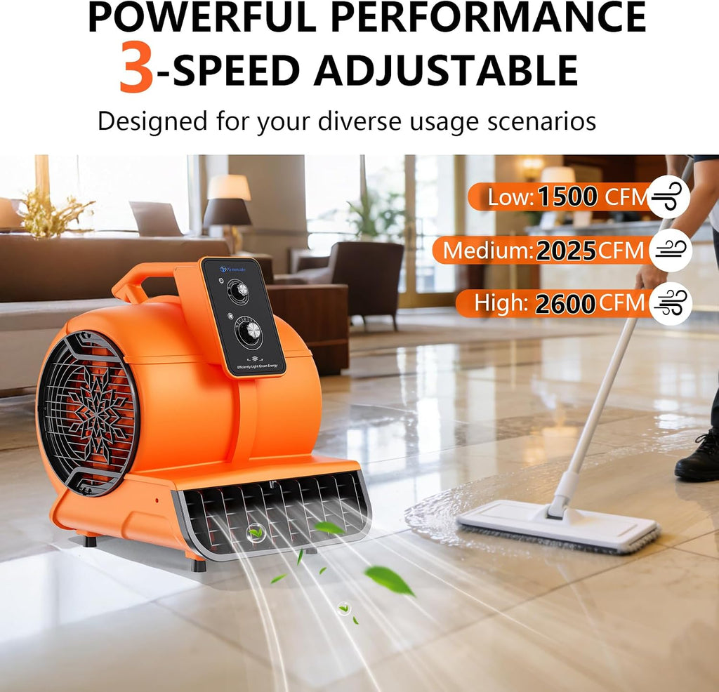 Air Mover 1/2 HP 2600 CFM Air Blower Fan Carpet Dryer, Floor Dryer Fan | 3-Speed, 4 Adjustable Angles, Timer