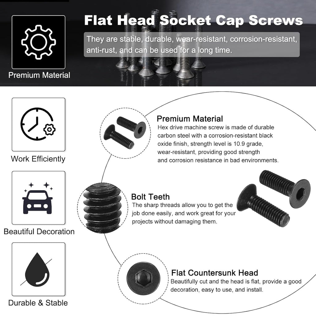 PATIKIL #10-32 x 5/8 Inch Flat Head Socket Cap Screws, 10 Pcs Flat Countersunk Bolts Hex Socket Drive Machine Screws Full Thread Coarse Thread UNC with Hex Spanner Black Oxide Grade 10.9