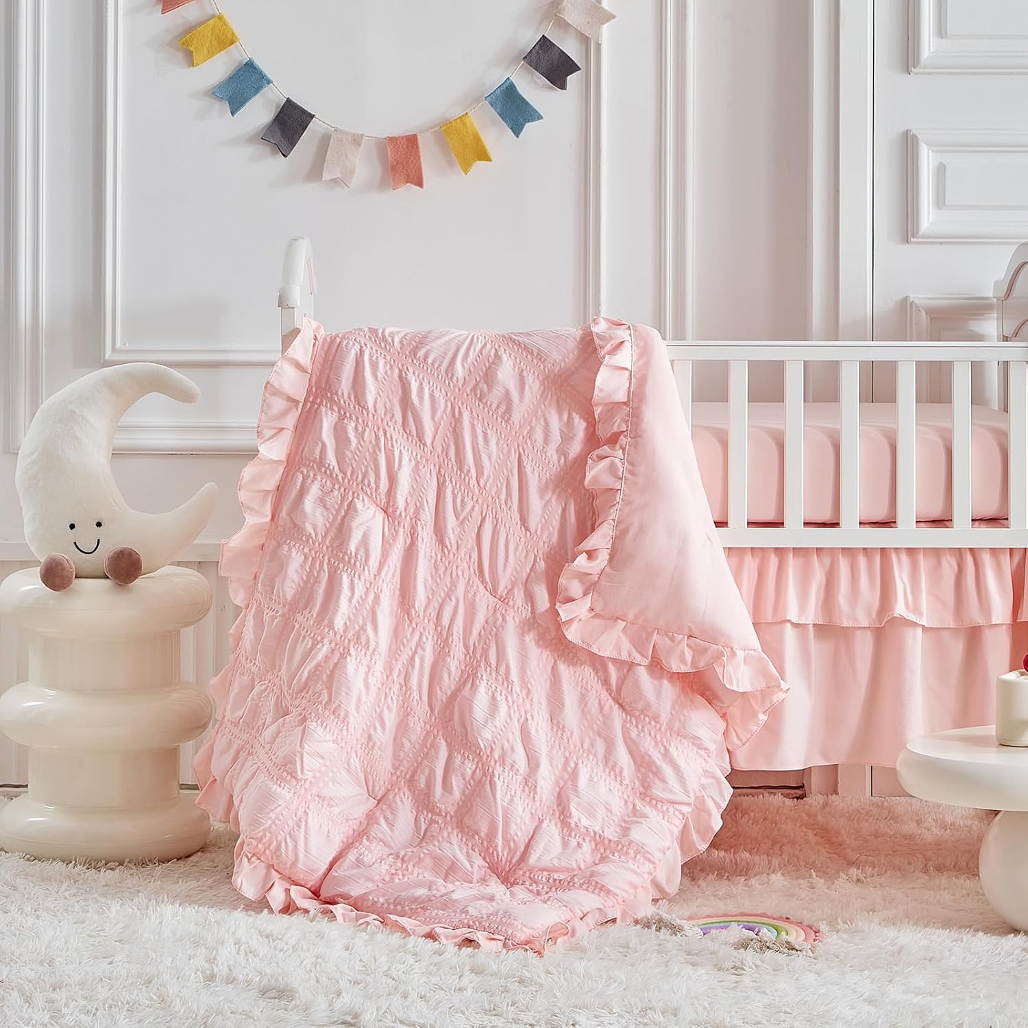 Ruffled Crib Bedding Set Baby Boho Quilted Comforter with Fitted Sheet and Bed Skirt - Cute Soft Breathable