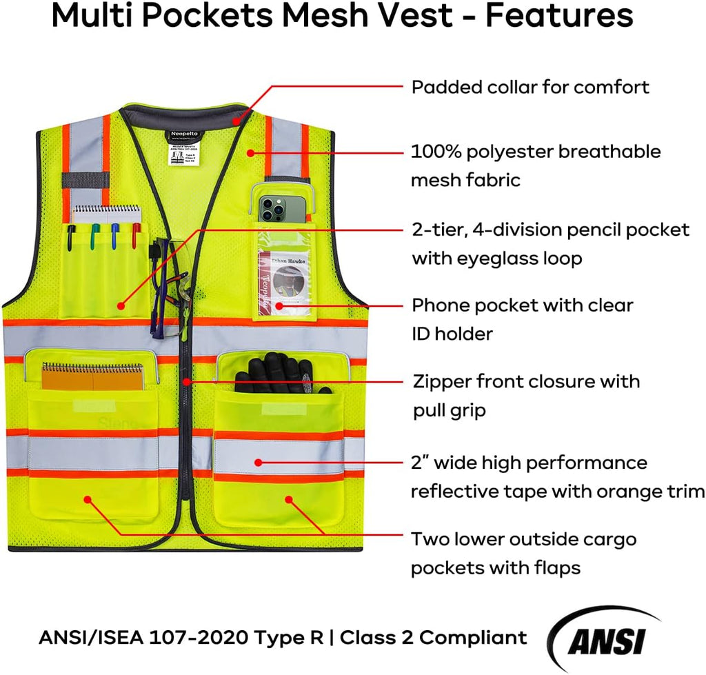 Hi Vis Reflective Safety Vest for Men Women Yellow Mesh/Orange XL | High Visibility Construction Work Vest with