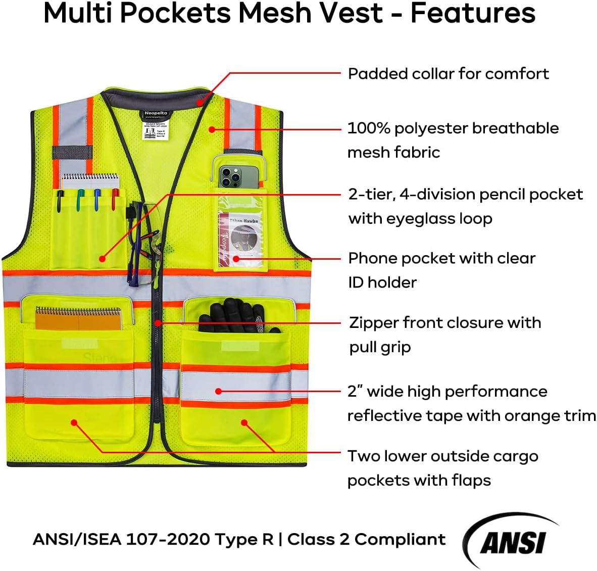 Hi Vis Reflective Safety Vest for Men Women Yellow Mesh/Orange XL | High Visibility Construction Work Vest with