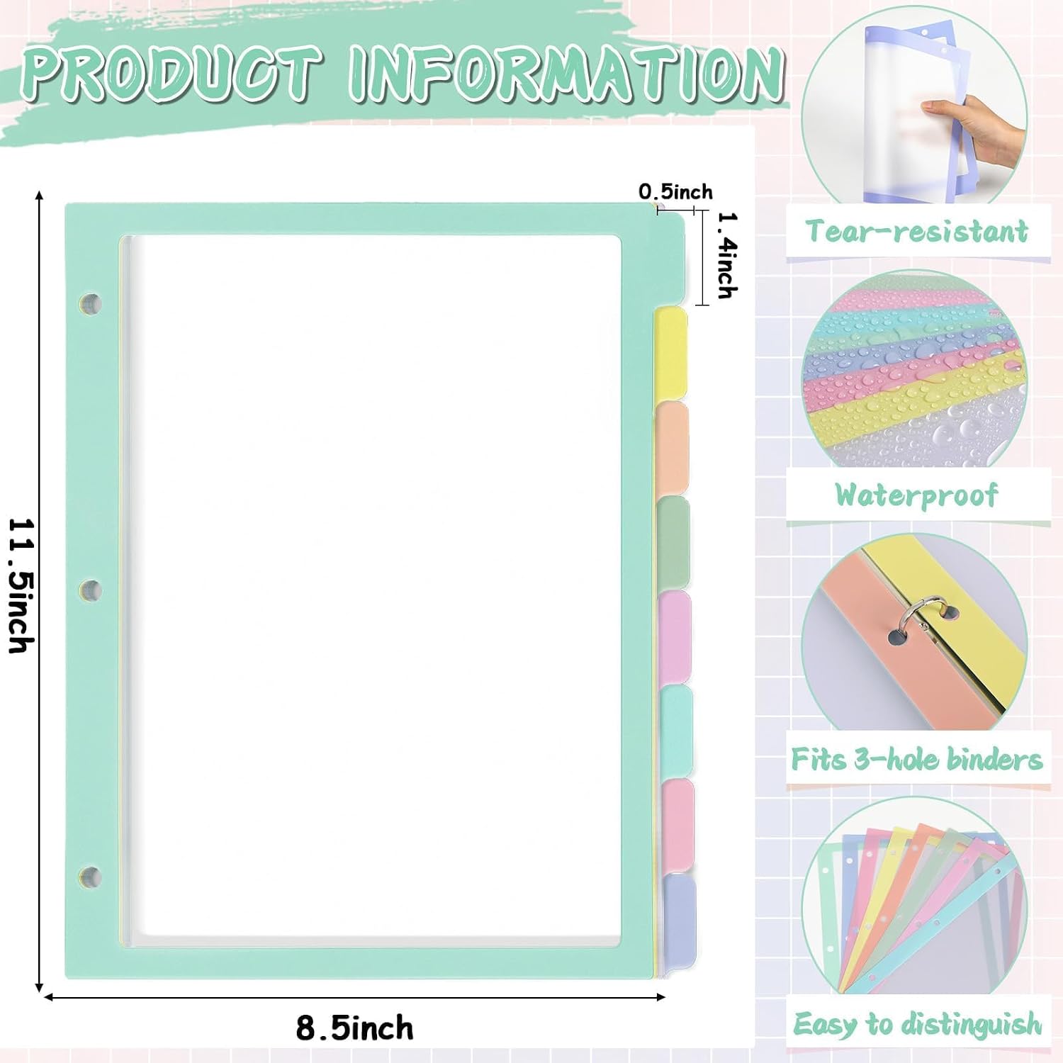 48Pcs/6 Set 8 Tab Dividers for 3 Ring Binder 8 Color Clear Plastic Binder Divider with Tabs 3 Hole Punched Folder