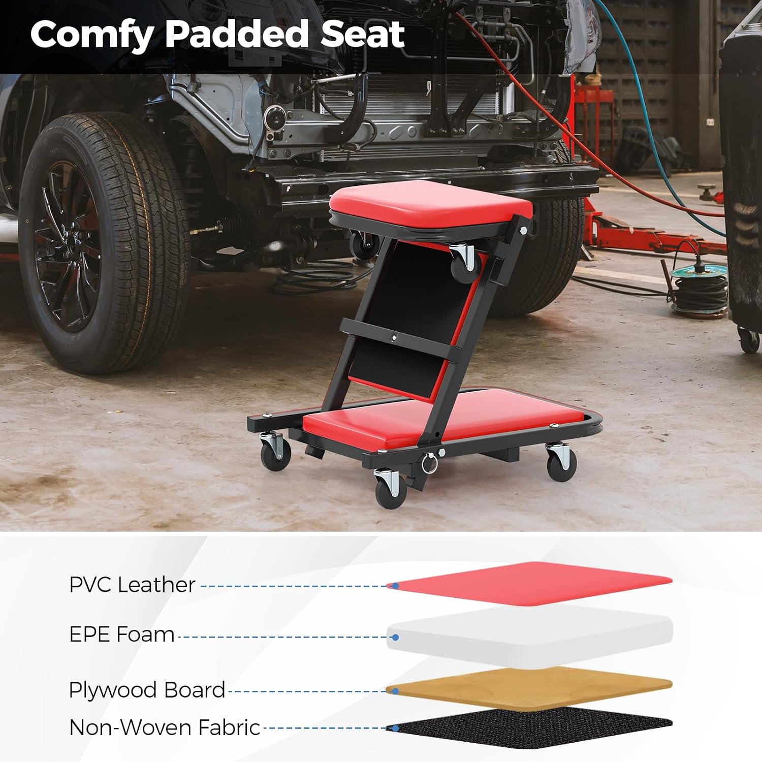 40" Z Garage Creeper, 2-in-1 Folding Creeper with Padded Seat & 6 Wheels, Low Profile Mechanic Creeper Seat