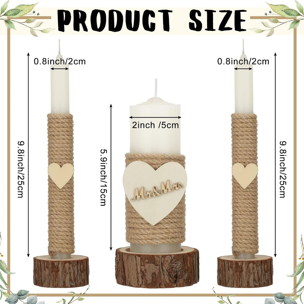 3 Pcs Rustic Unity Candles for Wedding Ceremony Set Mr and Mrs Burlap 1(5.9'') Pillar 2(9.8'') Taper Candles for