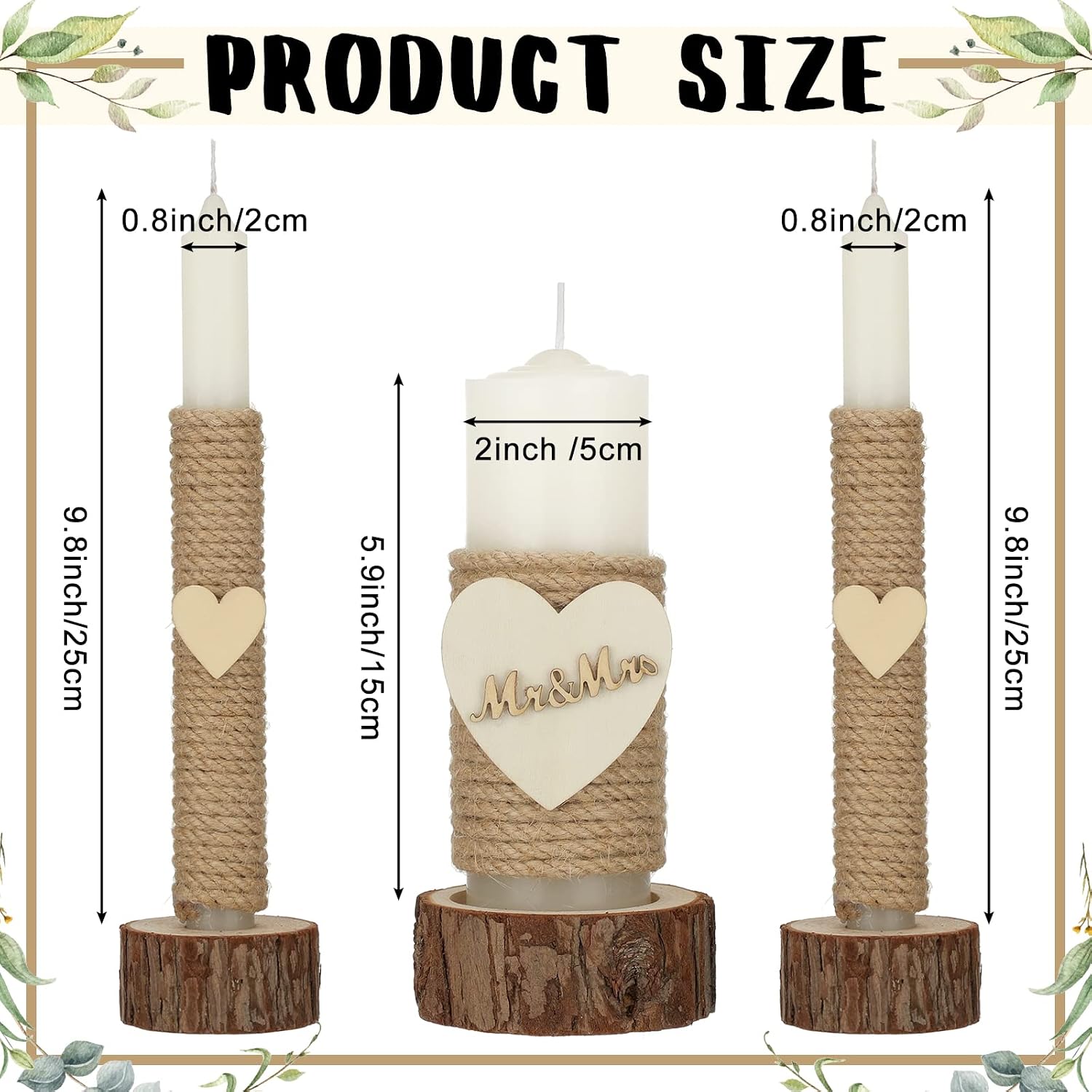 3 Pcs Rustic Unity Candles for Wedding Ceremony Set Mr and Mrs Burlap 1(5.9'') Pillar 2(9.8'') Taper Candles for