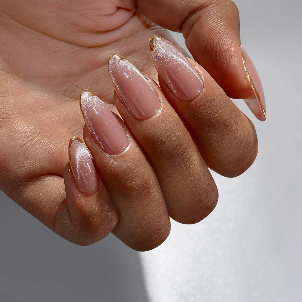 Press On Nails, Medium Almond Nude Fake Nails, 32Pcs Full Kit