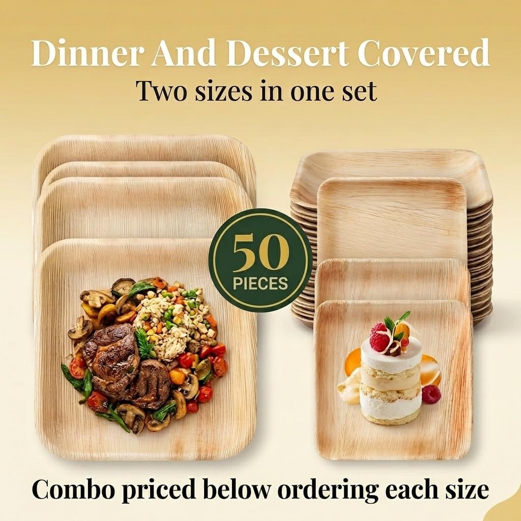 ZEBRAZ Disposable Bamboo Plates, 50-Pack, 10-Inch Dinner & 7-Inch