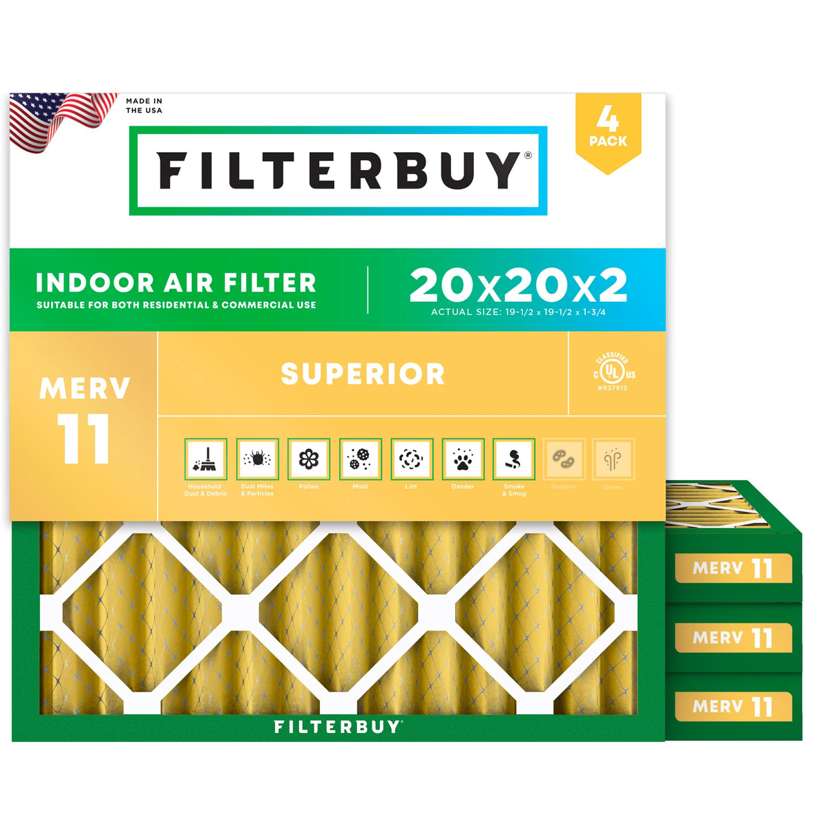 20x20x2 Air Filter MERV 11 Pet & Allergy Defense (4-Pack)