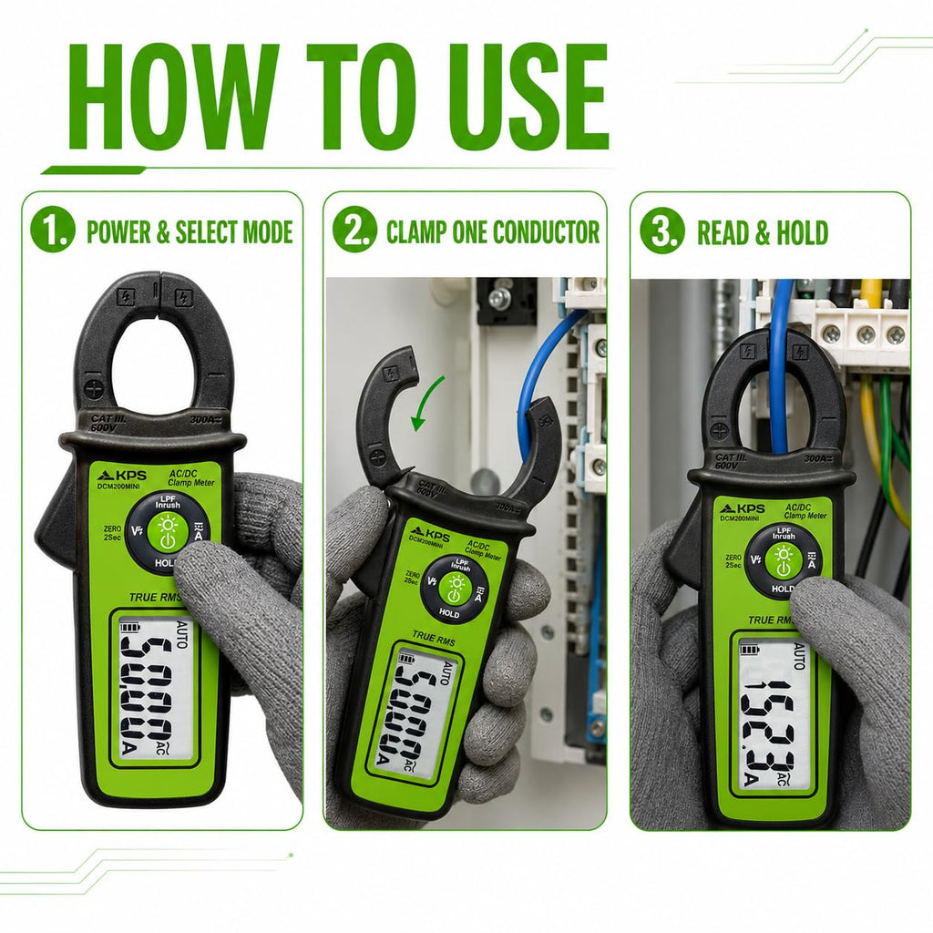 KPS DCM200MINI True RMS Clamp Meter, 300A AC/DC, NCV, 6000-Count Display