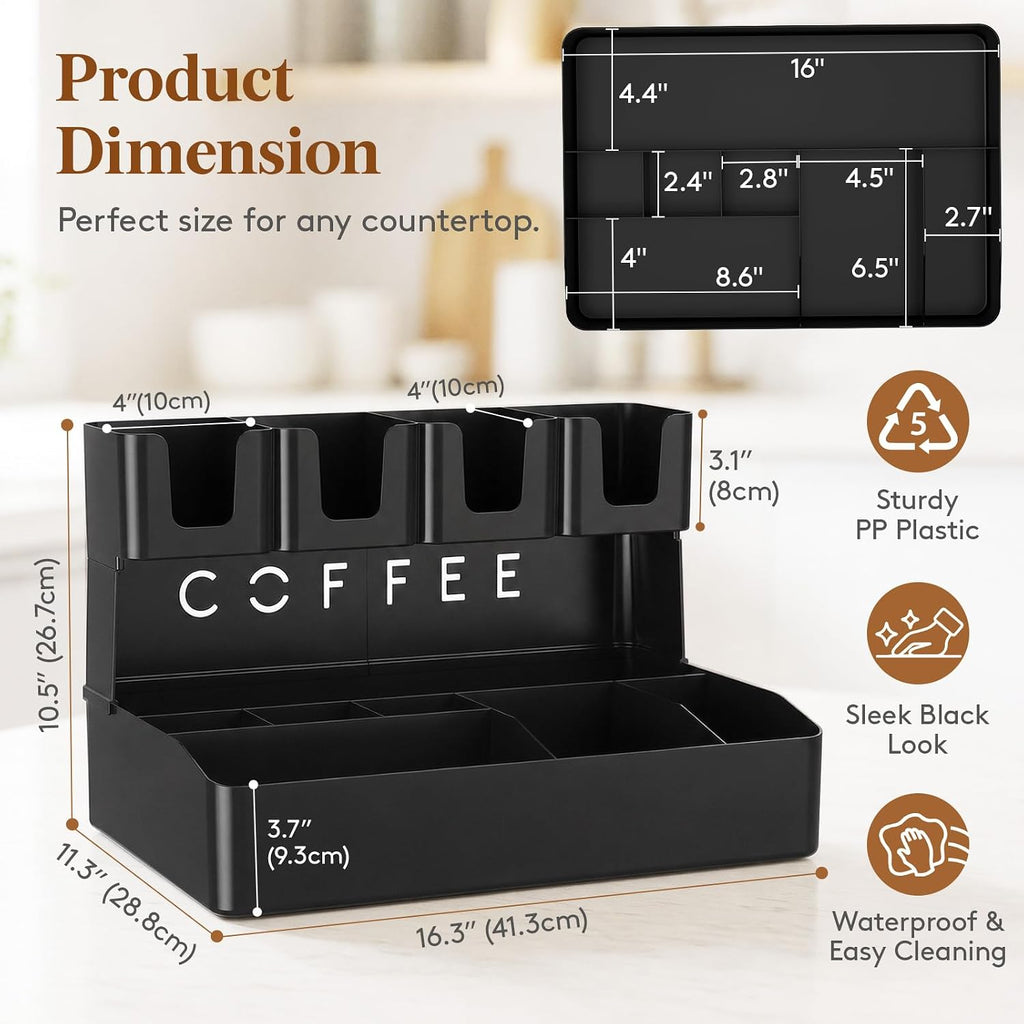 2-tier Coffee Station Organizer, 11 Compartments, Black, Plastic