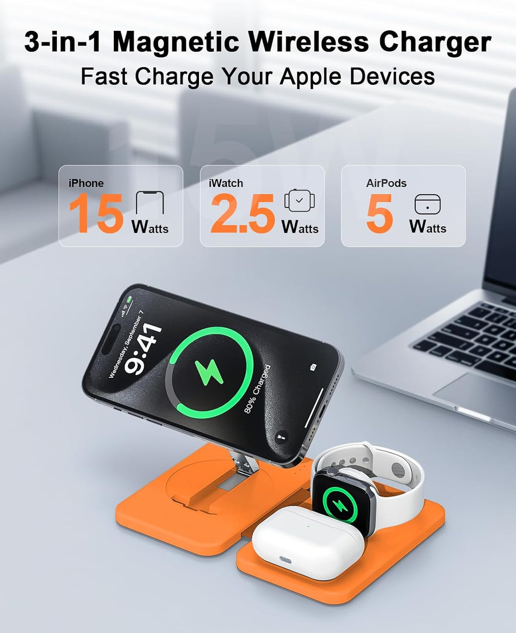 3 in 1 Magnetic Wireless Charger for Apple Multiple Devices, Foldable Fast Charging Station - Magsafe Charger Stand