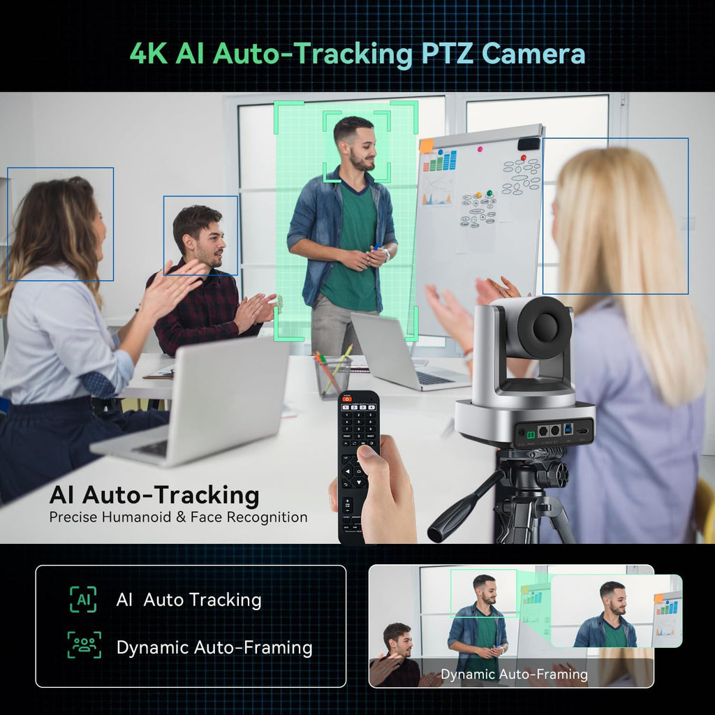4K Conference Room Camera System, AI Auto-Tracking 4K PTZ Camera 3x Optical Zoom 92° Wide-Angle and Bluetooth