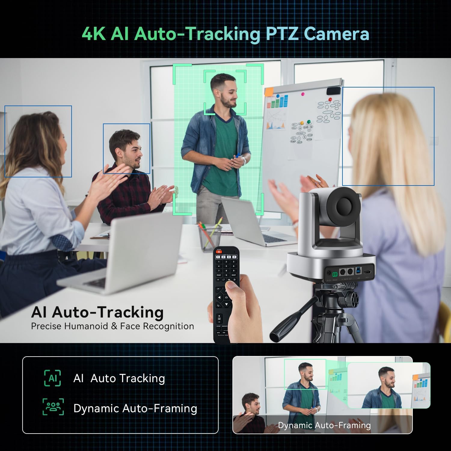 4K Conference Room Camera System, AI Auto-Tracking 4K PTZ Camera 3x Optical Zoom 92° Wide-Angle and Bluetooth