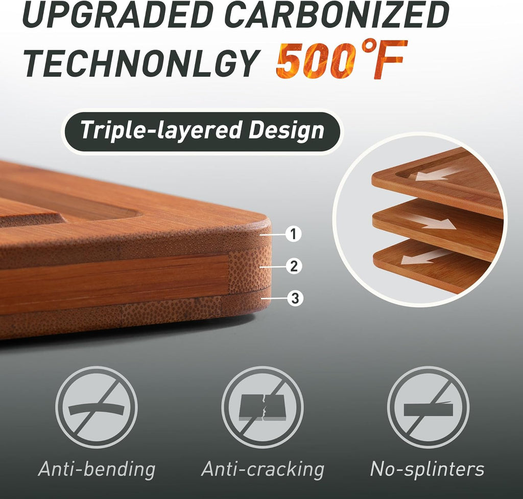 3 Packs Bamboo Cutting Board Set with Non Slip Feet Holder and Over Sink Nice Solid Thick Wood Juice Groove Chopping