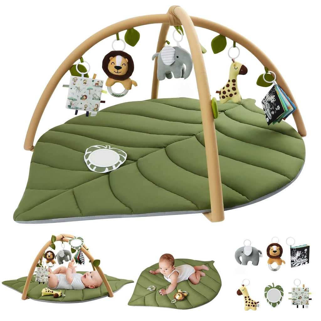 Baby Play Gym & Activity Mat, Oversize Leaf Shaped Baby Play Mat w 6 Detachable Toys, Tummy Time Mat Promote Motor