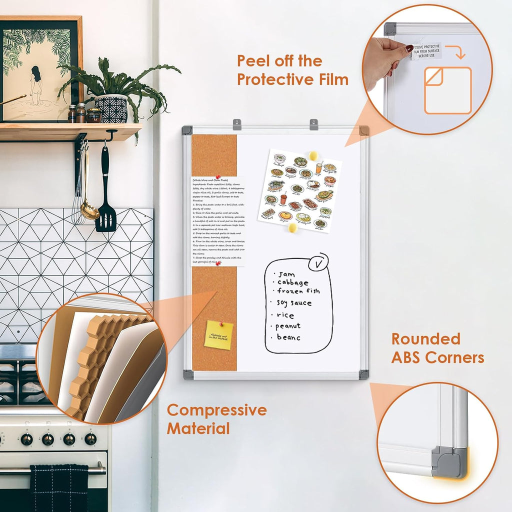 Magnetic Dry Erase and Cork Board Combo Hanging Whiteboard Notice Board for Wall Gift Home School Office, 36 x 24