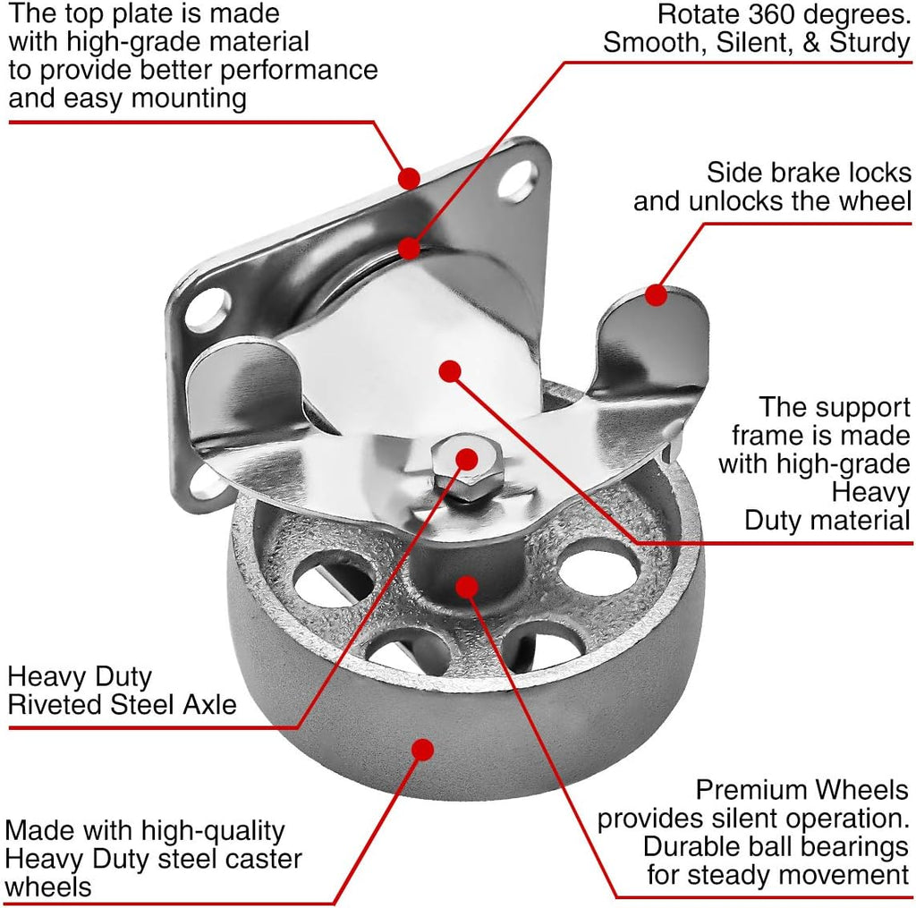 4 All Steel Swivel Plate Caster Wheels w Brake Lock Heavy Duty High-Gauge Steel Gray (3" Combo)