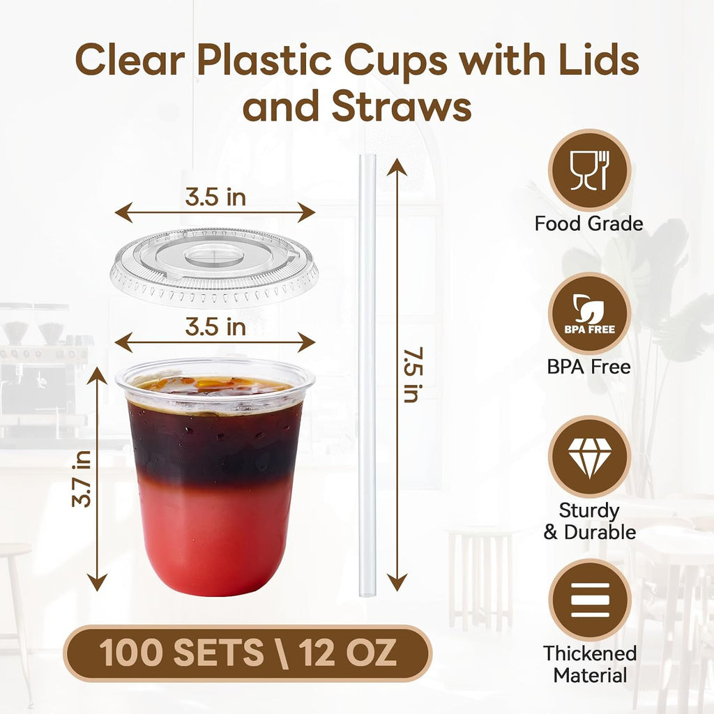 100 Pack 12 oz Disposable Plastic Cups with Lids and Straws