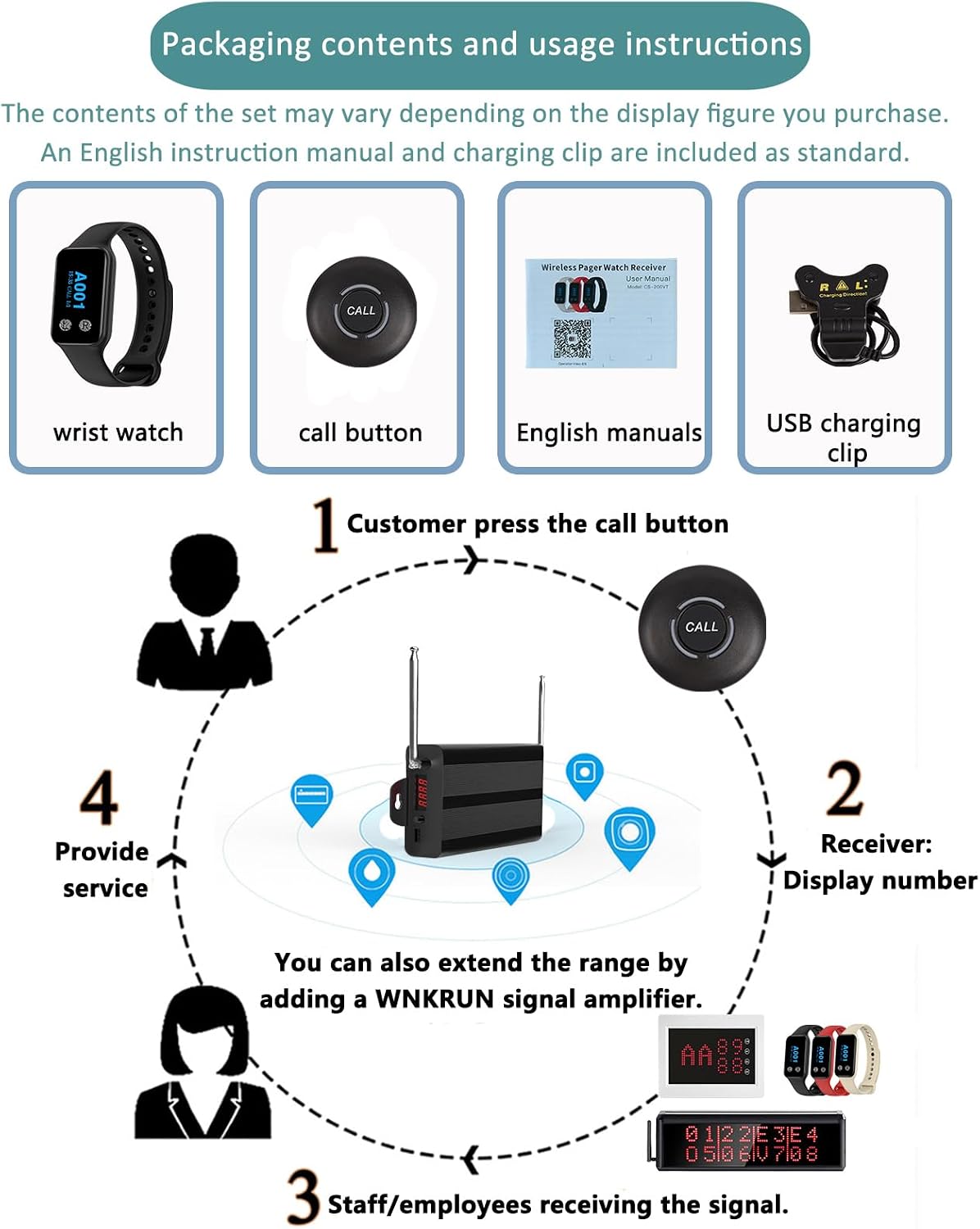 Wireless Restaurant Pager Watch 1 Receiver 2 Call Buttons