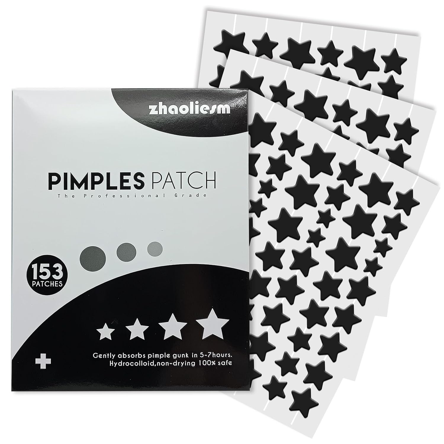 Black Star Pimple Patches for Face, 153 Counts Hydrocolloid Star Acne Patches, Cute Zit Covers for Face, Spot