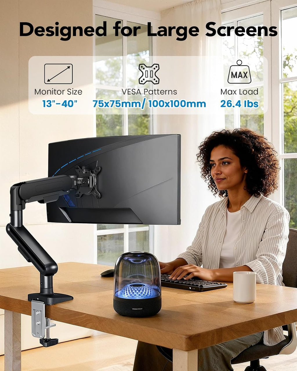 Ultrawide Monitor Arm for 13 – 40" Screens, Single Monitor Mount Holds up to 26.4lbs, Adjustable Monitor Stand with
