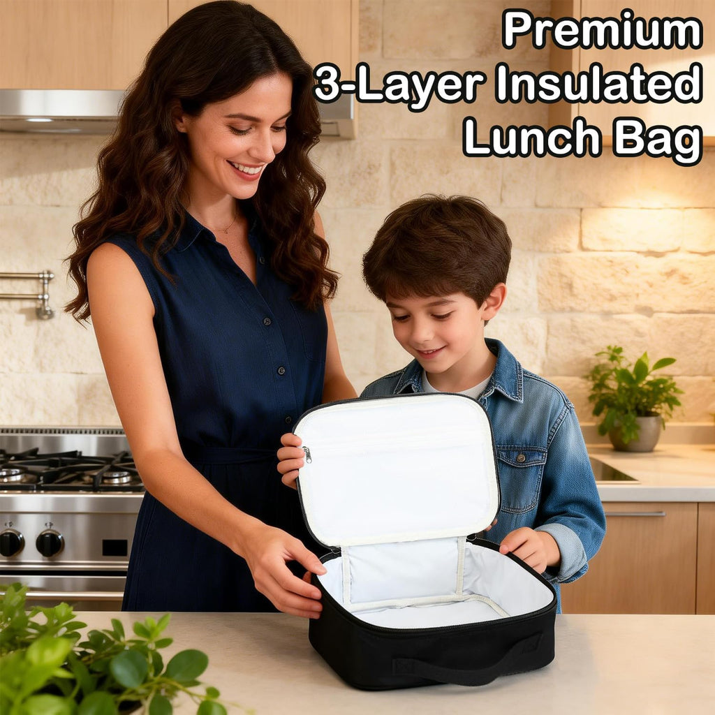 Kids Lunch box Insulated Soft Bag Mini Cooler Back to School Thermal Meal Tote Kit for Girls, Boys, Black