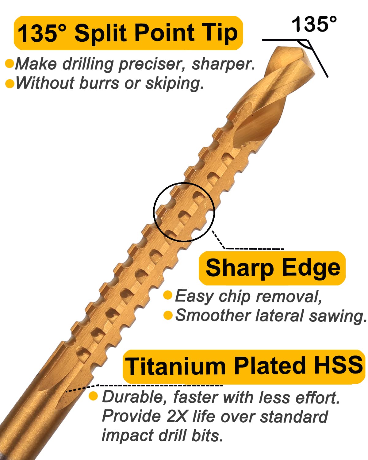Rocaris 6 Pack 3-8mm Titanium Coated HSS Twist Drill Bits