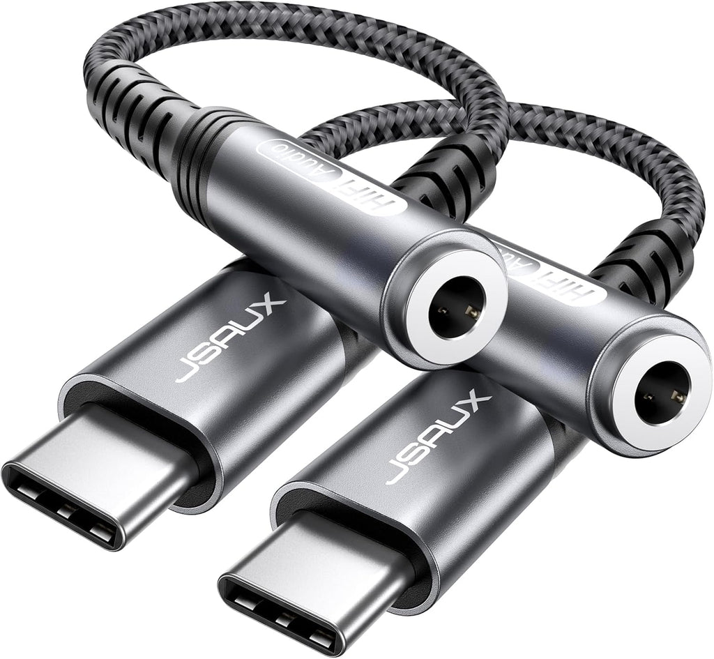 2-Pack USB C to 3.5mm AUX Audio Adapter for iPhone 17, Galaxy S25 | 2-Pack Smart DAC gives clear 16Bit/48kHz audio;