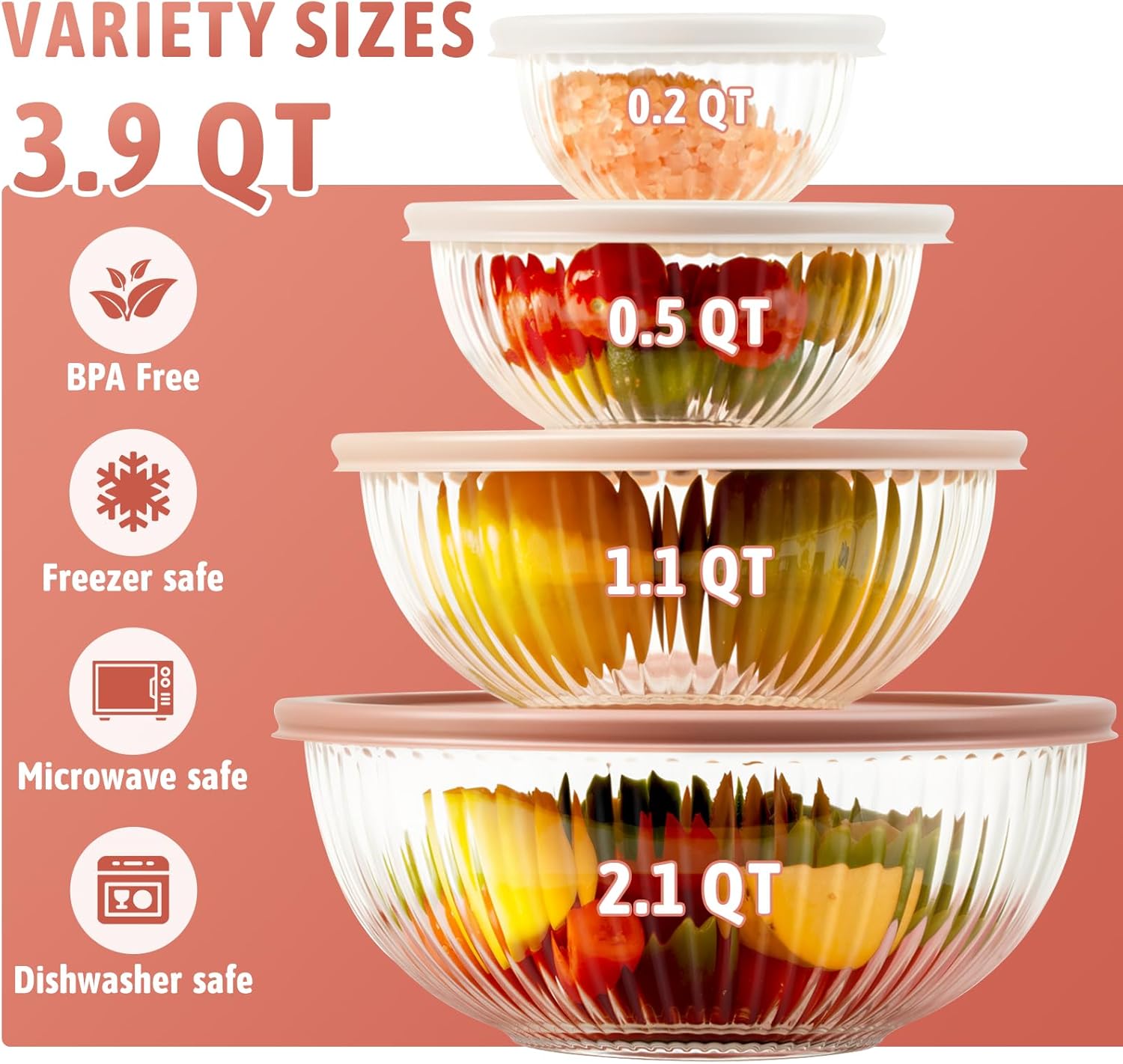 Glass Mixing Bowls with Lids Sets, 4 Packs Glass Bowls with Lids for Kitchen Baking, Meal Prepping and Salad, Bpa
