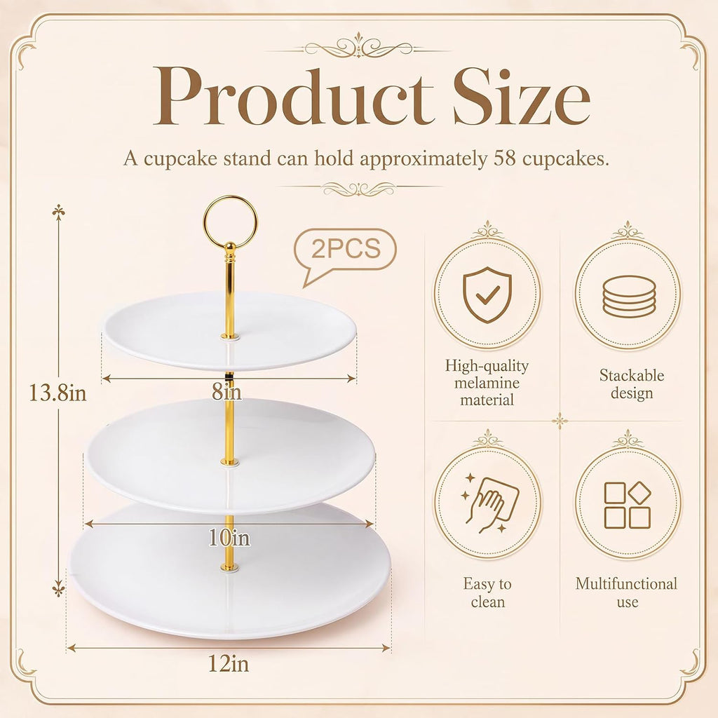 2 Pack 3 Tier Cupcake Stand, White Melamine Tiered Serving Tray