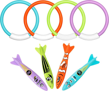 Diving Toys Games, 8 Pcs Swimming Pool Toys for Kids Ages 4-8 | Underwater Training Diving Rings and Pool Torpedo