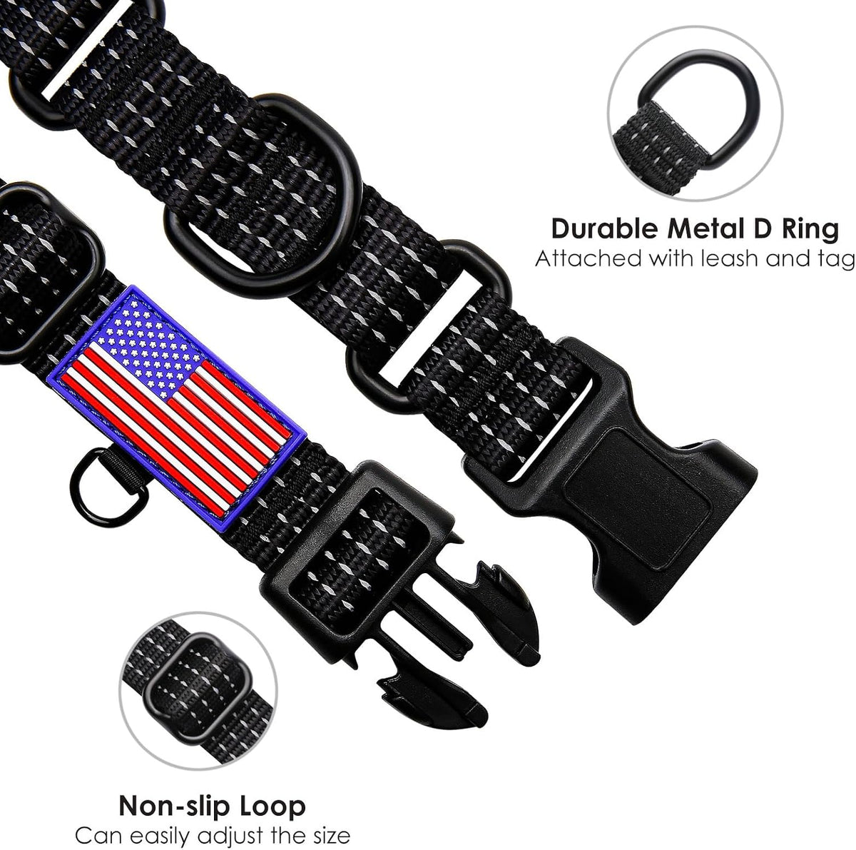 Martingale Collar for Dogs with Buckle-USA Flag,L, Black