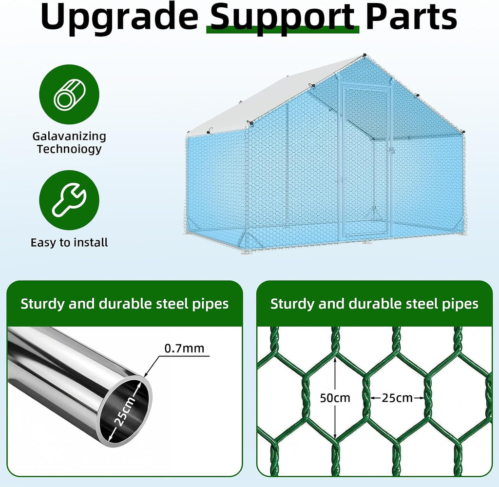 Metal Chicken Coop, 9.8x6.6 FT Walk-in Chicken Run Pen Poultry Cage, Water-Resistant & Anti-UV Cover, Large Chicken