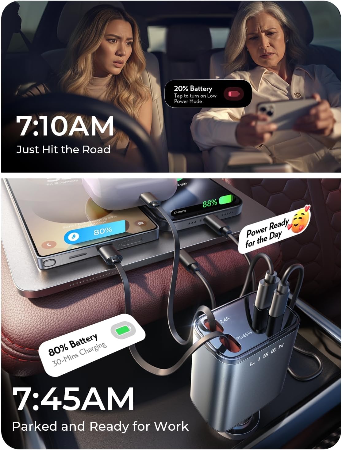 Retractable Car Charger, 84W Car Charger USB C Fast Charger Adapter for iPhone, Car Accessories for Men Women, Gifts