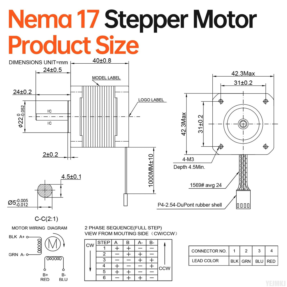 YEJMKJ 10Pack Nema 17 Stepper Motor 42x40mm 0.41Nm (58.06oz·in) 1.5A 2.0Ω
