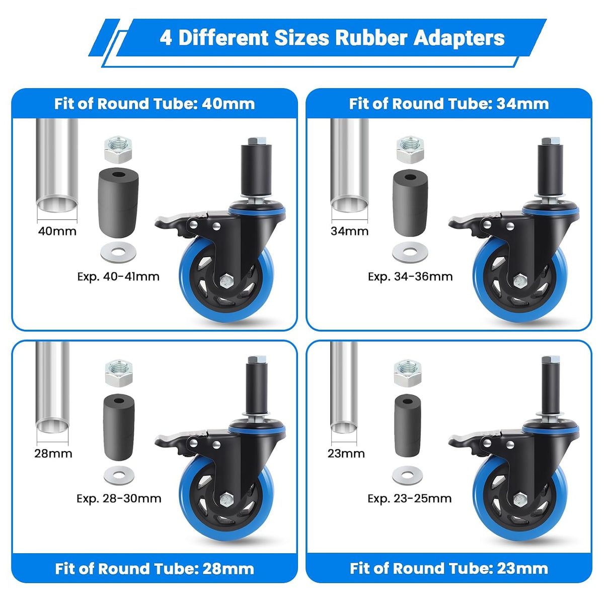 4 Inch Prep Table Cater Wheels Set of 4, Threaded Swivel Expanding Stem Casters with Brake Fit 7/8", 1", 1-1/2", or