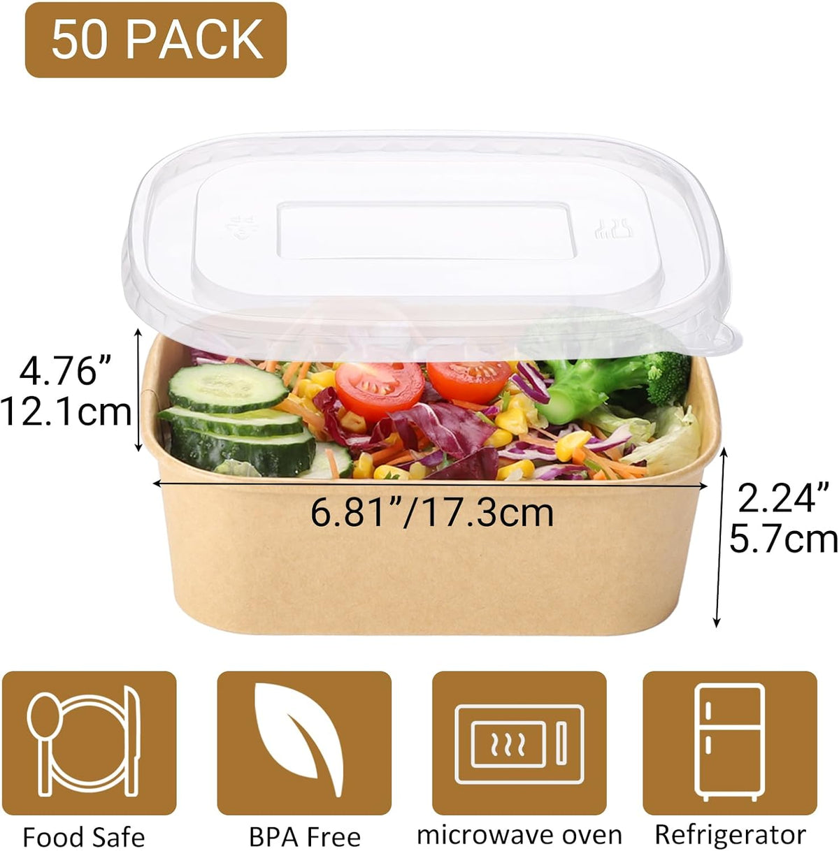 50 Sets 25oz Disposable Kraft Paper Bowls with Lids, Rectangle