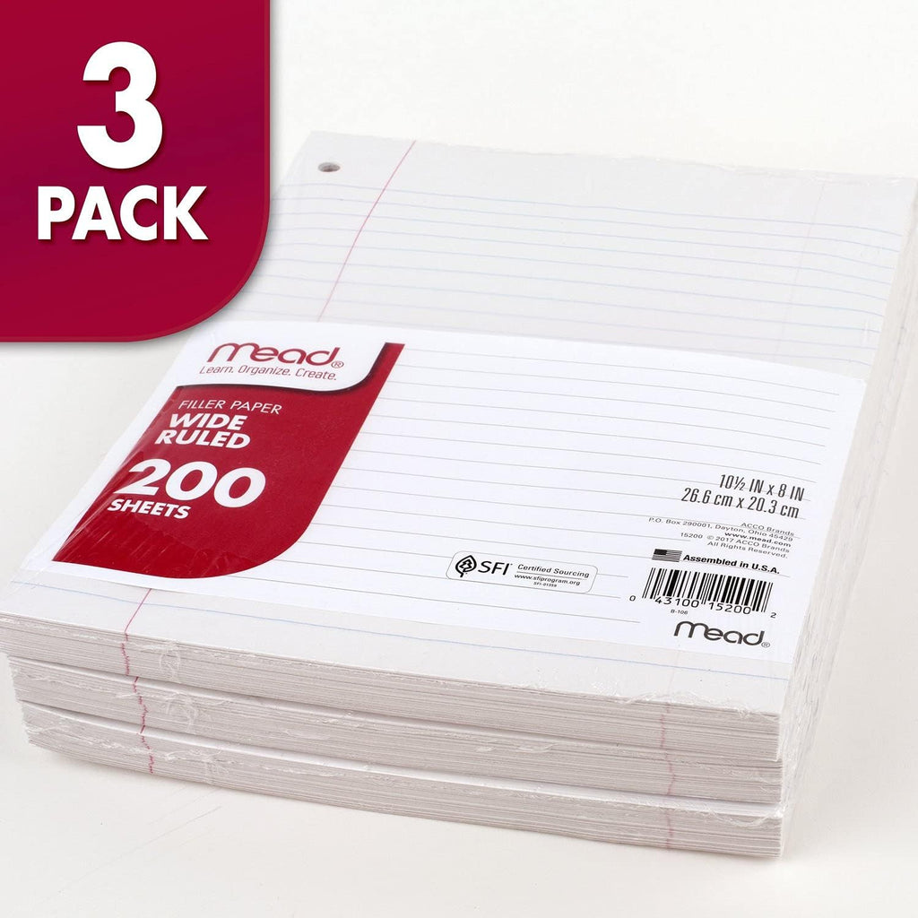 Loose Leaf Paper, 3 Pack, Notebook Paper, Wide Ruled Filler Paper, Standard, 8 x 10.5, 200 Sheets per Pack (73183)
