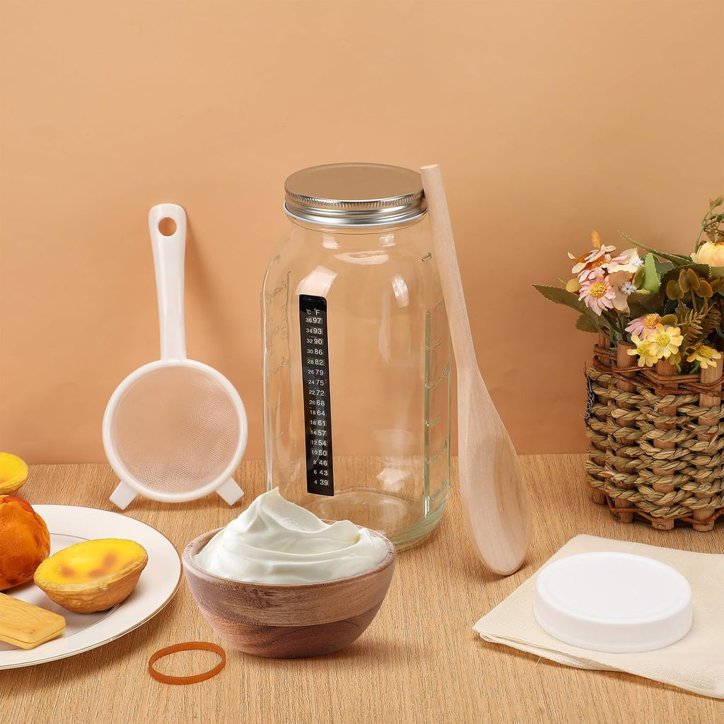 8 Pcs Kefir Jar Kit, 64 oz Wide Mouth with Strainer, Regular | Milk Kefir Fermentation Jar, Plastic Lid, Cotton