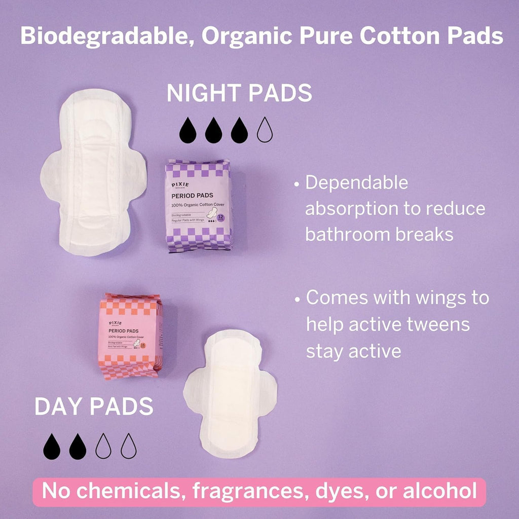Pixie Period Starter Pads for Teen Girls - Organic Cotton 56ct - Designed for Tweens & Smaller Underwear - Leak-Proof