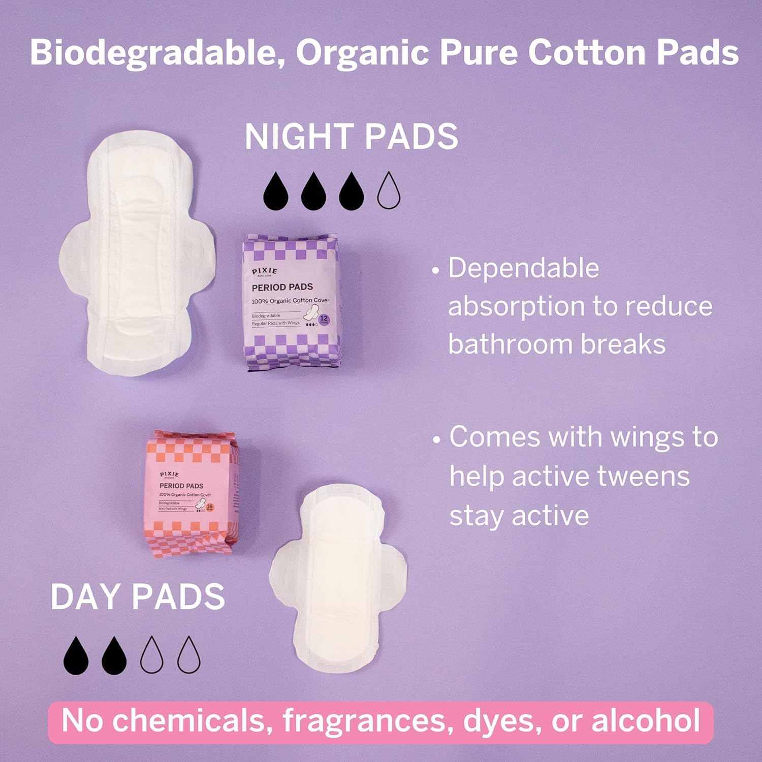 Pixie Period Starter Pads for Teen Girls - Organic Cotton 56ct - Designed for Tweens & Smaller Underwear - Leak-Proof