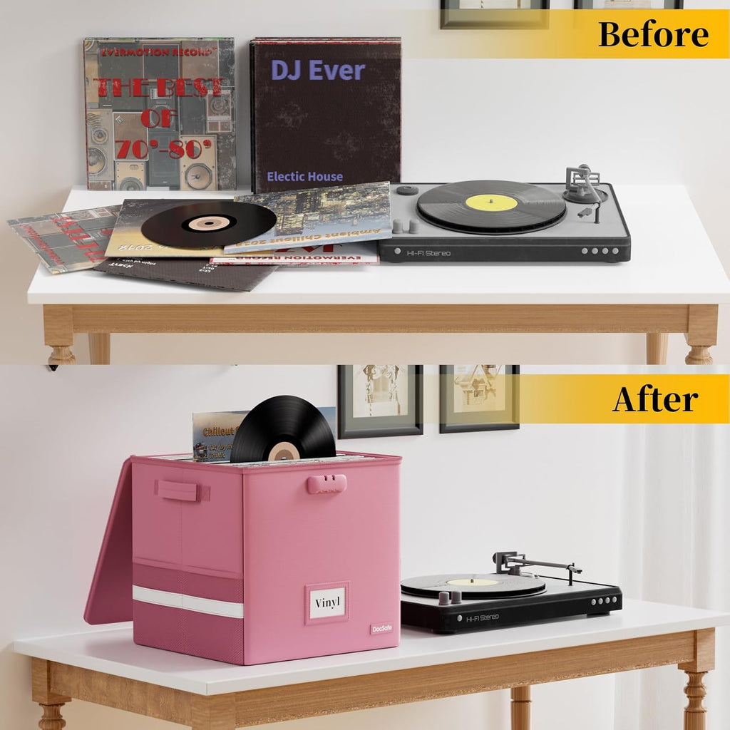 Vinyl Record Storage Box with Lock, Fireproof＆Water Resistant Record Organizer for 100+ Single Records(12-inch)
