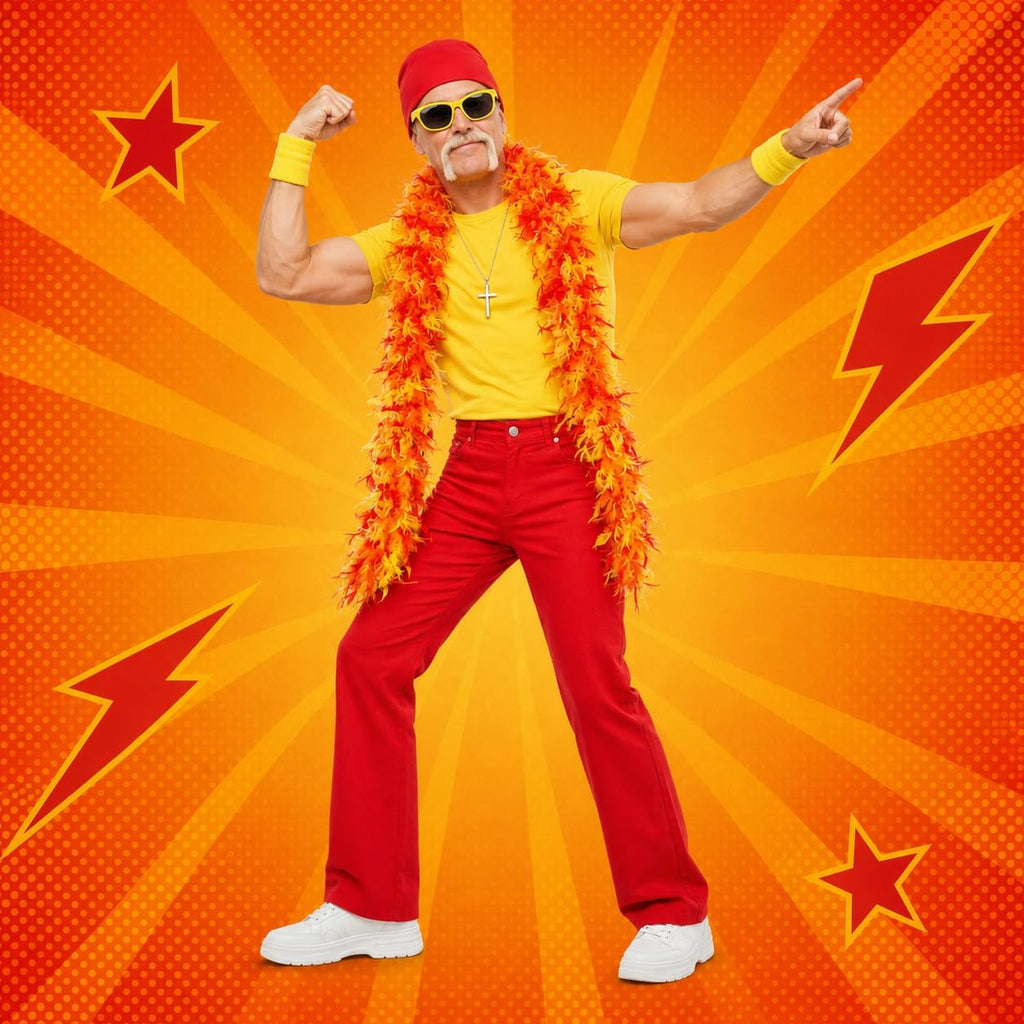 7 Pcs Halloween Wrestler Costume Include Feather Boa Kerchief Wig Moustache Bracers Glasses and Necklace for Men
