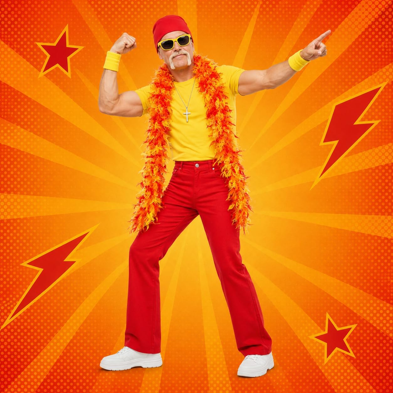 7 Pcs Halloween Wrestler Costume Include Feather Boa Kerchief Wig Moustache Bracers Glasses and Necklace for Men