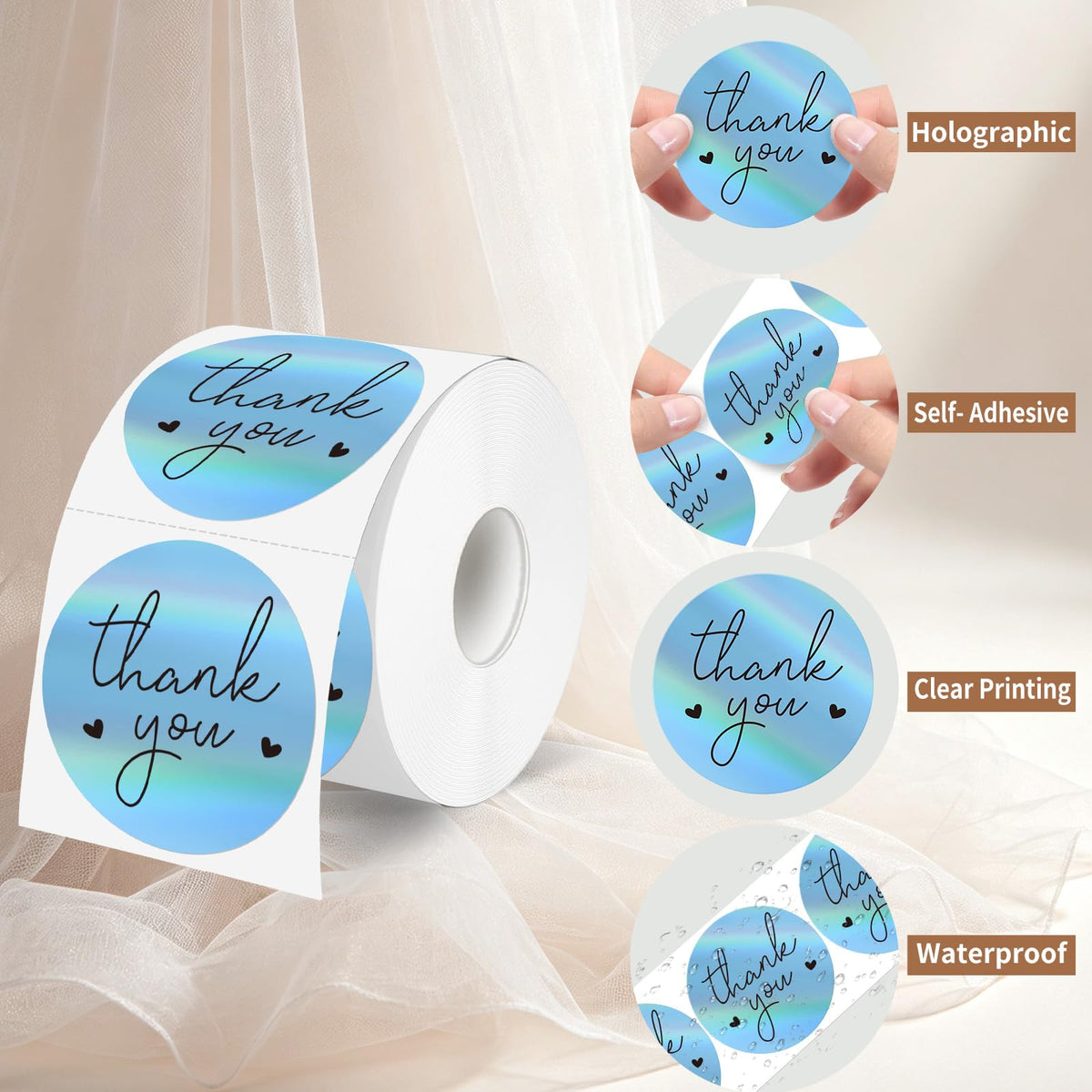 2 Inch Thank You Stickers for Small Business, Holographic Blue Thank You Stickers Waterproof Self-Adhesive Packaging